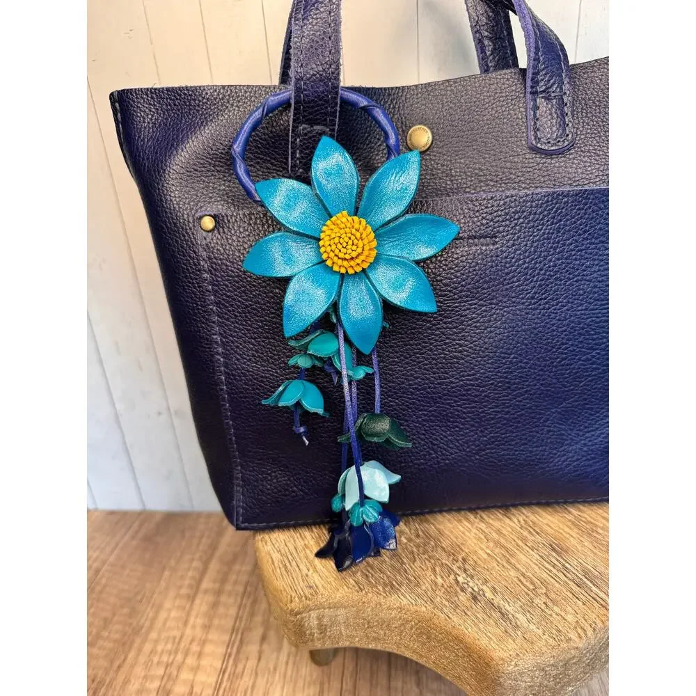 Leather Purse Charm Blue Flower Charm Genuine Leather Daisy Bag Charm NEW!